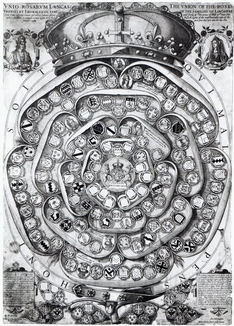 लैंकेस्टर और यॉर्क के परिवारों के गुलाब का संघ, 1589 (प्लेट उत्कीर्णन) द्वारा जोडोकस होंडियस