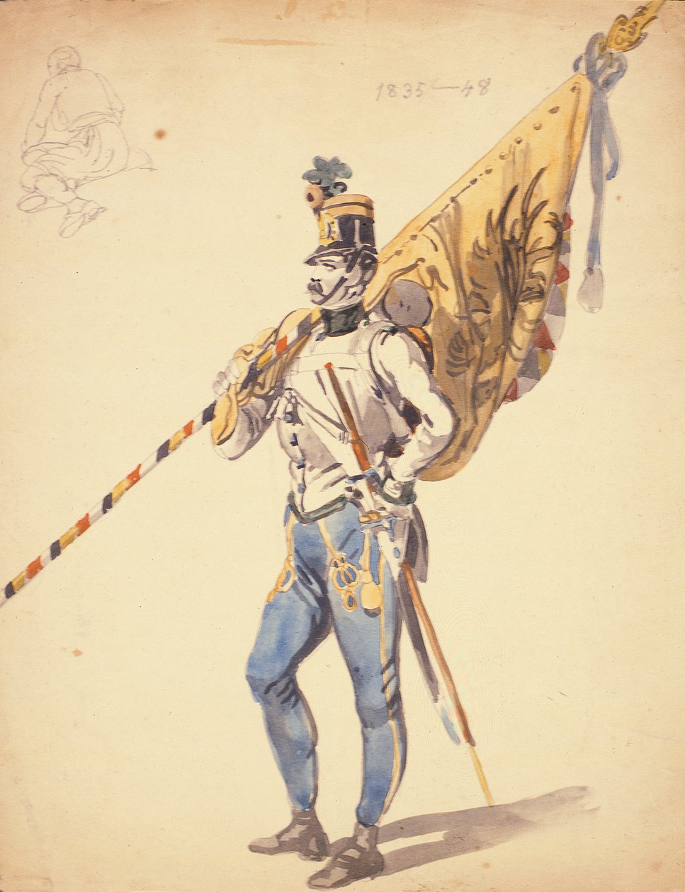 हंगेरियन इन्फैंट्री रेजिमेंट की बटालियन कलर के साथ एक अधिकारी, 1835-1848, 19 वीं शताब्दी द्वारा जोहान बैपटिस्ट हेनेफेटेर