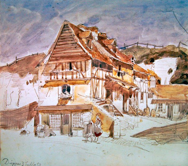 Dieppe, नॉर्मंडी, फ्रांस में पुराने घर, 1851 (कागज पर कलम, स्याही और wc) द्वारा जोहान बर्थोल्ड जोंगकिंड