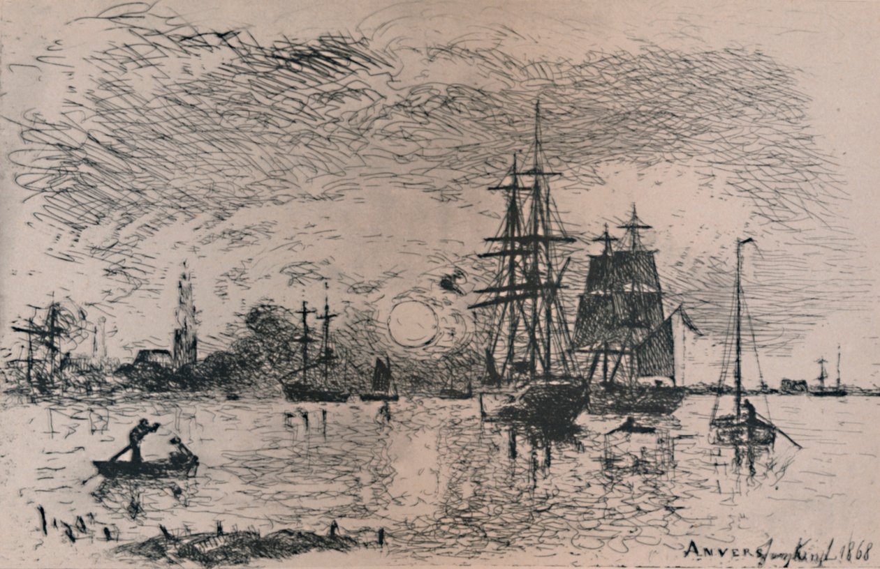 एंटवर्प के हार्बर में सनसेट, 1868, 1946 द्वारा जोहान बर्थोल्ड जोंगकिंड