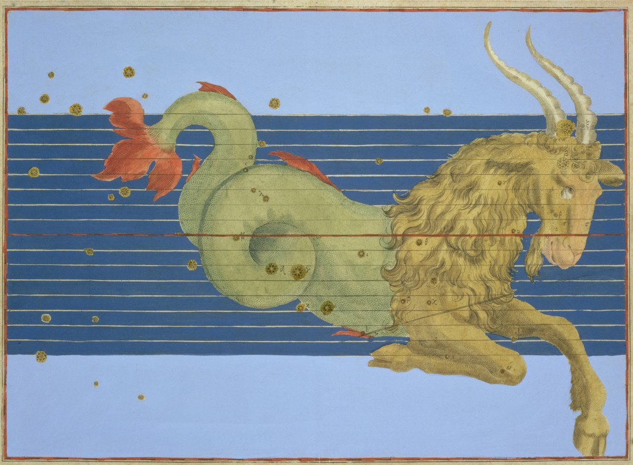 अलेक्जेंडर मैयर (1559-c.1616) 1603 (हाथ से रंगे तांबे की नक्काशी) द्वारा उकेरी गई जोहान बायर की &39;यूरेनोमेट्रिया&39; से मकर राशि का नक्षत्र द्वारा जोहान बायर