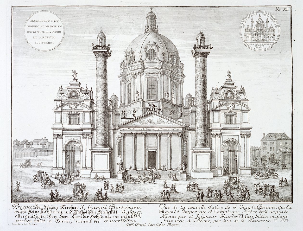 चर्च ऑफ़ सेंट चार्ल्स बोर्रोमो (1538-84), वियना, &39;डिज़ाइन ऑफ़ ए हिस्टोरिक आर्किटेक्चर&39; से, जोहान एडम डेलसेनबैच (1687-1765), 1721 द्वारा उत्कीर्ण द्वारा एर्लाच के जोहान बर्नहार्ड फिशर