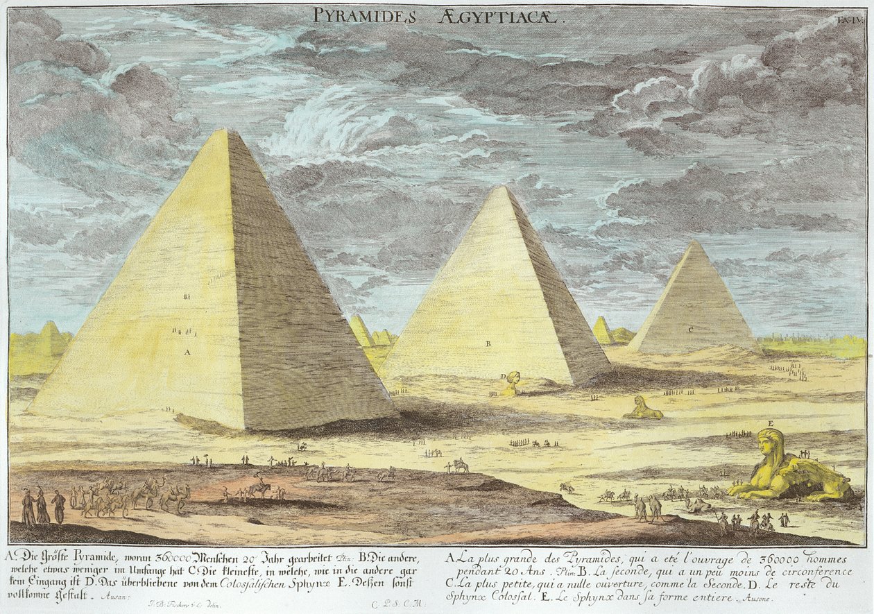 मिस्र के पिरामिड, जोहान एडम डेल्सनबाख (१६enen-१ )६५) १ation२१ (बाद में उपनिवेश) द्वारा उत्कीर्ण &39;हिस्ट्री ऑफ़ ए हिस्टोरिक आर्किटेक्चर&39; से प्लेट 4 द्वारा एर्लाच के जोहान बर्नहार्ड फिशर