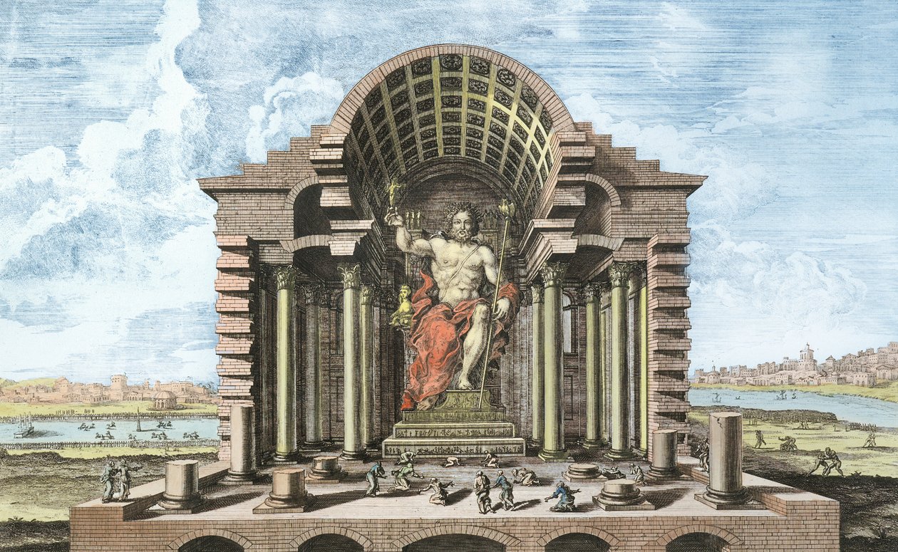 फिदियास द्वारा ओलंपियन ज़ीउस की प्रतिमा, जोहान एडम डेल्सनबैक (1687-1765) 1721 (बाद में उपनिवेश) द्वारा उत्कीर्ण &39;ऐतिहासिक वास्तुकला की डिजाइन&39; से प्लेट 5, द्वारा एर्लाच के जोहान बर्नहार्ड फिशर