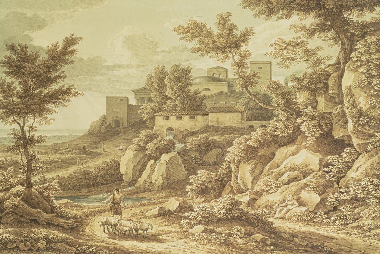 शेफर्ड, 1828 (कलम और स्याही, धोने, पेंसिल और wc) के साथ शास्त्रीय लैंडस्केप द्वारा जोहान क्रिश्चियन रेनहार्ट