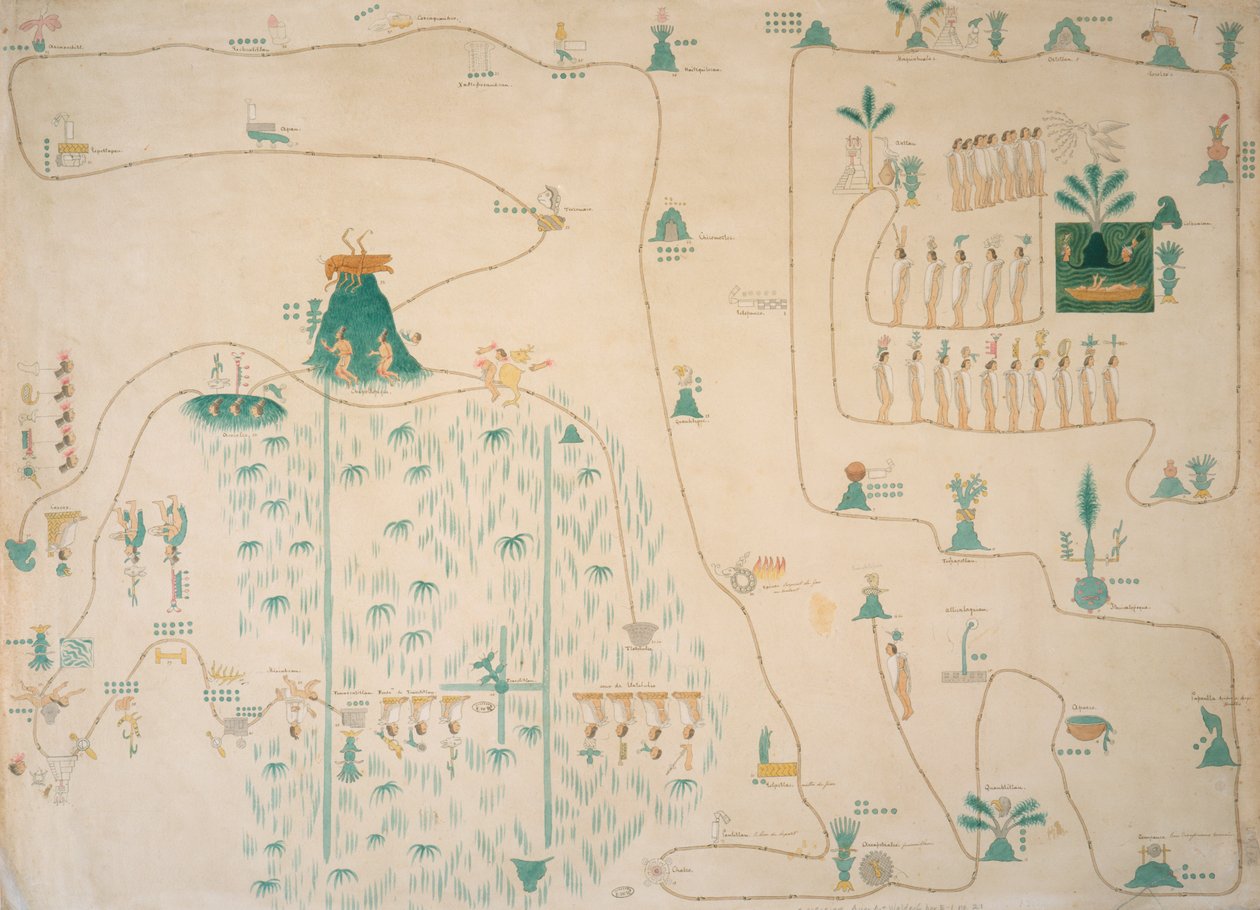 Aztlan से Tenochtitlan तक एज़्टेक प्रवास के ग्लाइफ़ मानचित्र, प्रकाशित c.1830 द्वारा जोहान फ्रेडरिक मैक्सिमिलियन वॉन वाल्डेक