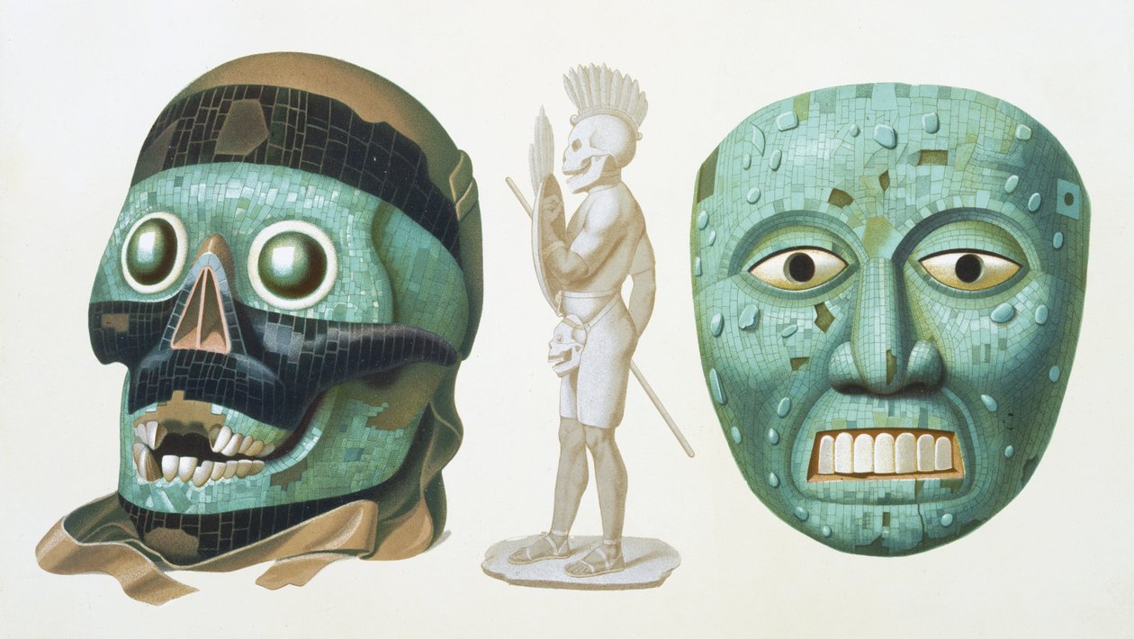 बाएँ: ईश्वर का खोपड़ी मुखौटा तेजाकटीलोका और दायाँ: ईश्वर क्वेटज़ालकोट या टोनतिहु, c.1500, प्लेट 43 &39;मेक्सिको के प्राचीन स्मारकों&39; से प्रतिनिधित्व करने वाला मुखौटा, जेहेन द्वारा उत्कीर्ण, 1866 द्वारा जोहान फ्रेडरिक मैक्सिमिलियन वॉन वाल्डेक