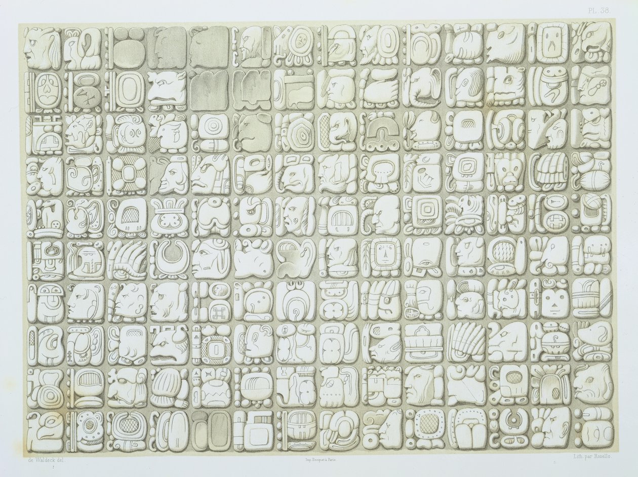 शिलालेख, Palenque, c.692, &39;मैक्सिको के प्राचीन स्मारकों&39; से प्लेट 38, वैचारिक लेखन की पट्टिका द्वारा जोहान फ्रेडरिक मैक्सिमिलियन वॉन वाल्डेक