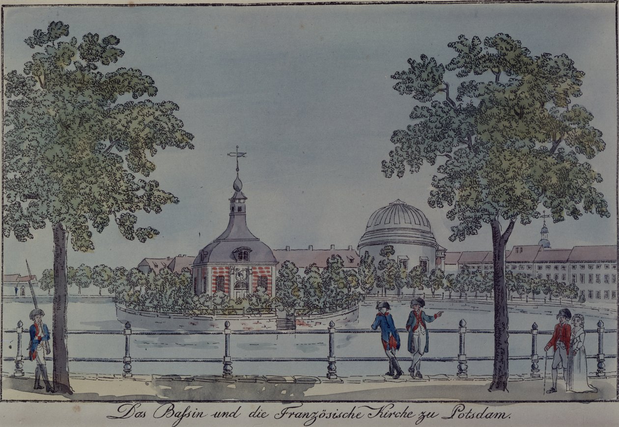 पॉट्सडैम में पूल और फ्रेंच चर्च, c.1796 (कागज पर पेन und स्याही और wc) द्वारा जोहान फ्रेडरिक नागल