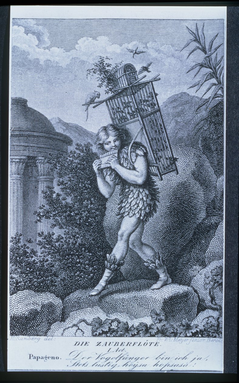 Papageno: मैं पक्षी पालने वाला हूँ, हाँ! हमेशा हंसमुख, फेल्ड-दी-आई, फिडल-दी-दा !, वोल्फगैंग एमेडस मोजार्ट (1756-91) द्वारा &39;द मैजिक फ्लूट&39; के अधिनियम I, फ्रेडरिक विल्हेम मेयर्स सीनियर द्वारा उत्कीर्ण द्वारा जोहान हेनरिक रामबर्ग