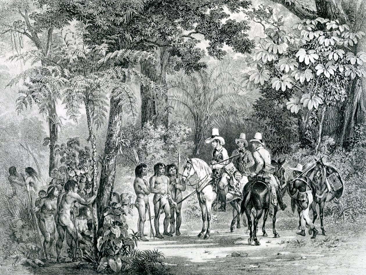 1827-35 के &39;सुरम्य दृश्य&39; से यूरोपीय खोजकर्ताओं के साथ भारतीयों की बैठक द्वारा जोहान मोरित्ज़ रुगेंडास