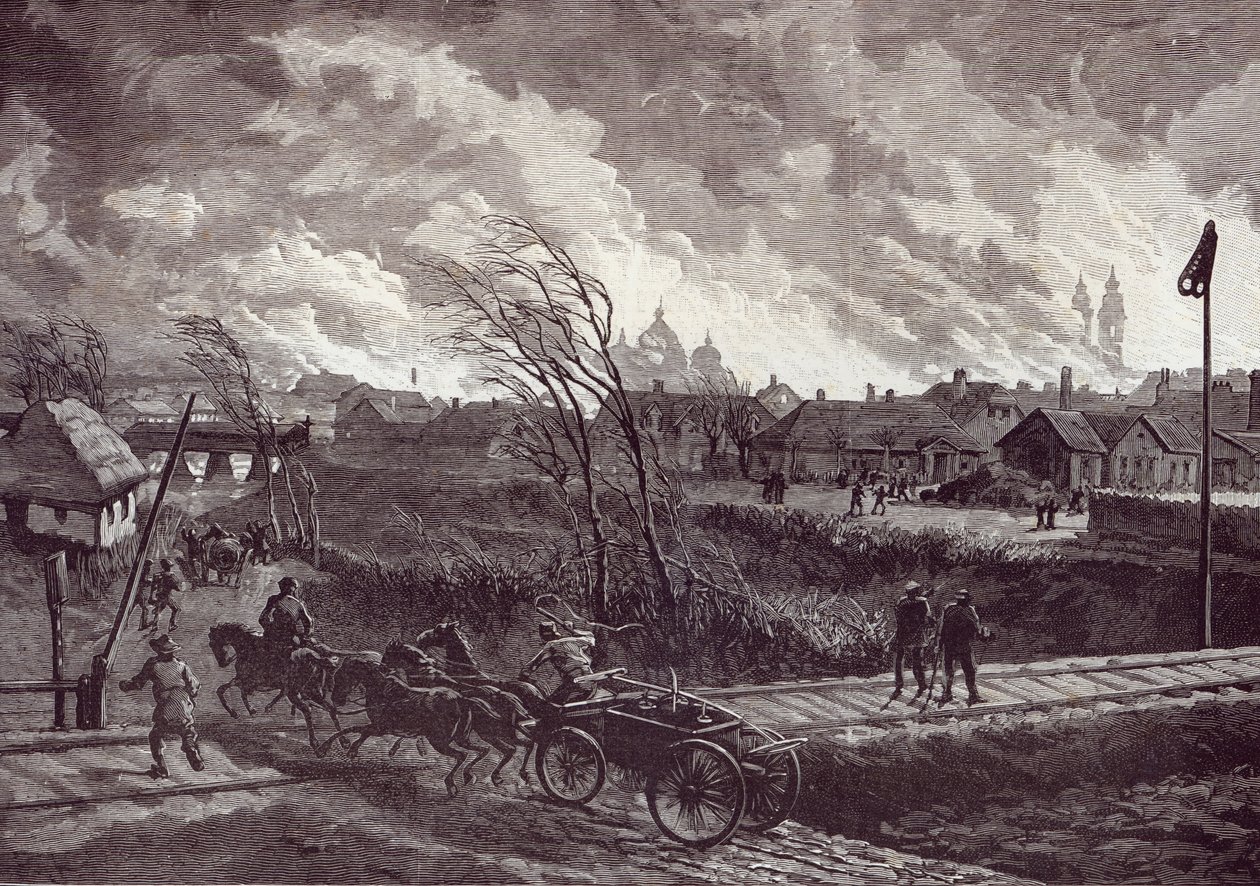 द इलस्ट्रेटेड लंदन न्यूज़ से लेम्बर्ग के पास स्ट्री का जलना, 1 मई 1845 द्वारा जोहान नेपोमुक शोनबर्ग