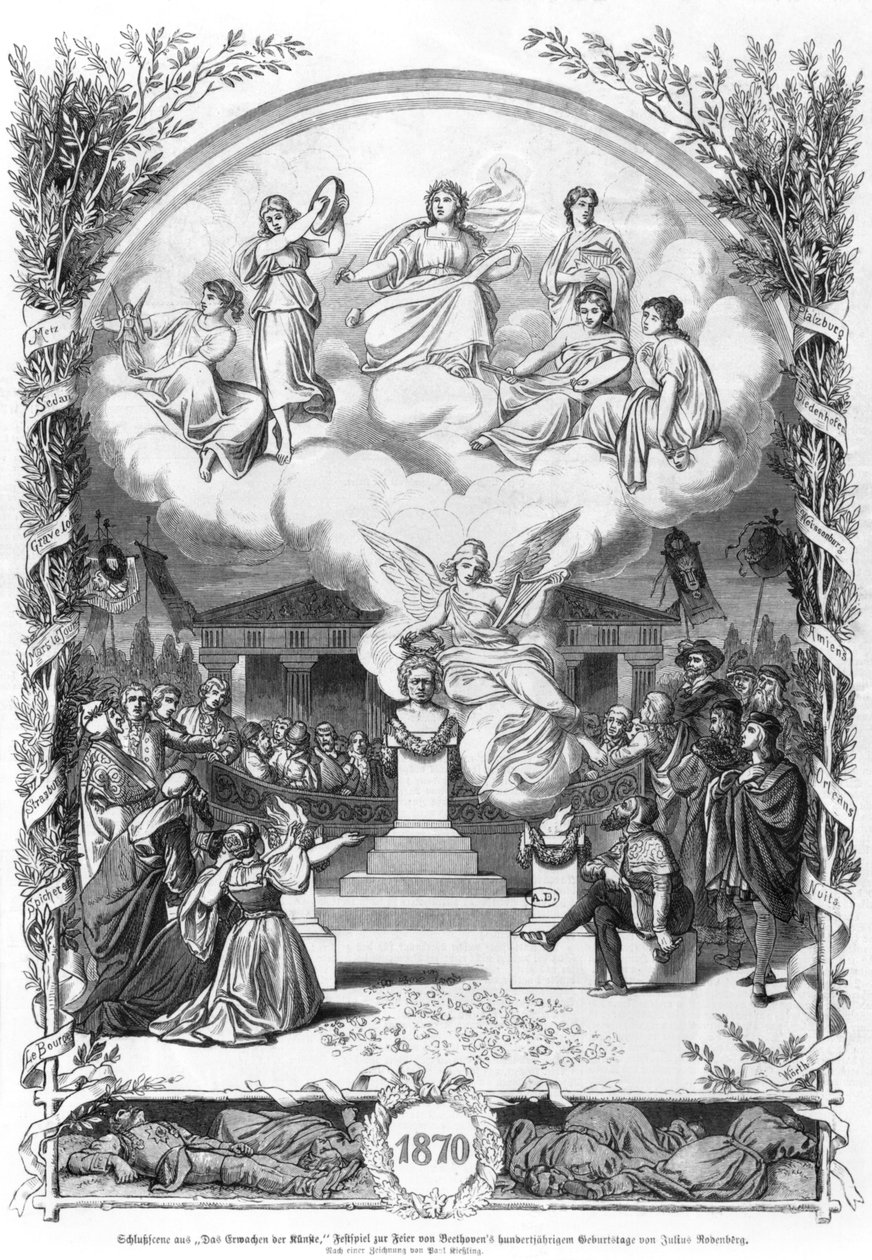 लुडविग वान बीथोवेन (1770-1827) को उनके जन्म की शताब्दी, 1870 (bw pho) के उत्सव के लिए श्रद्धांजलि में जूलियस रॉडेनबर्ग (1831-1914) के नाटक &39;द अवाकिंग ऑफ आर्ट&39; का अंतिम दृश्य। द्वारा जोहान पॉल एडॉल्फ किसलिंग