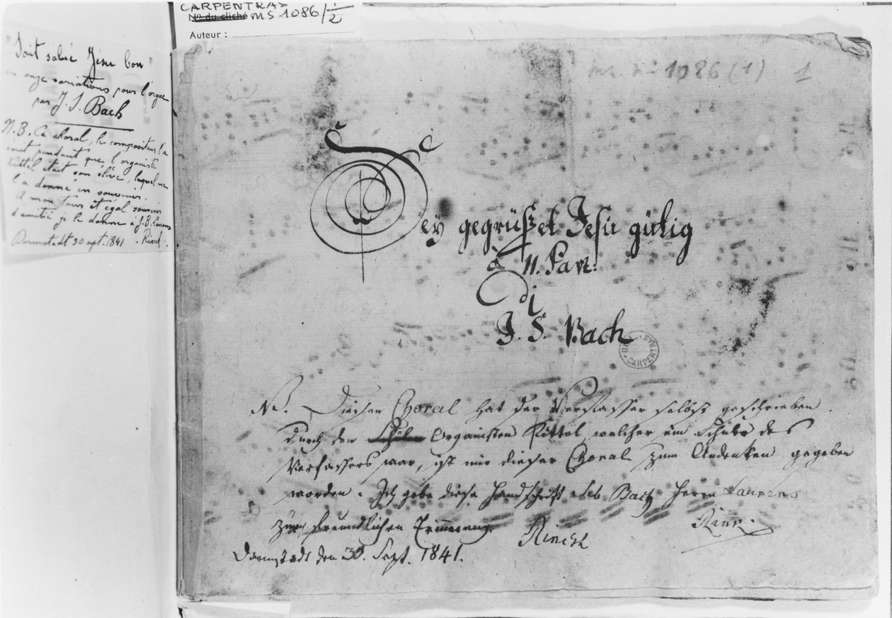 जोहान सेबेस्टियन बाक द्वारा अंग के लिए चोरेल भिन्नताएं: 1841 में पांडुलिपि के खरीदार (एमएस 1086 फ़ॉ। 1) के शीर्षक और उद्घोषणा के साथ &39;सेई जगरूसिट, जेसु गुटिग&39;। द्वारा जोहान सेबेस्टियन बाख