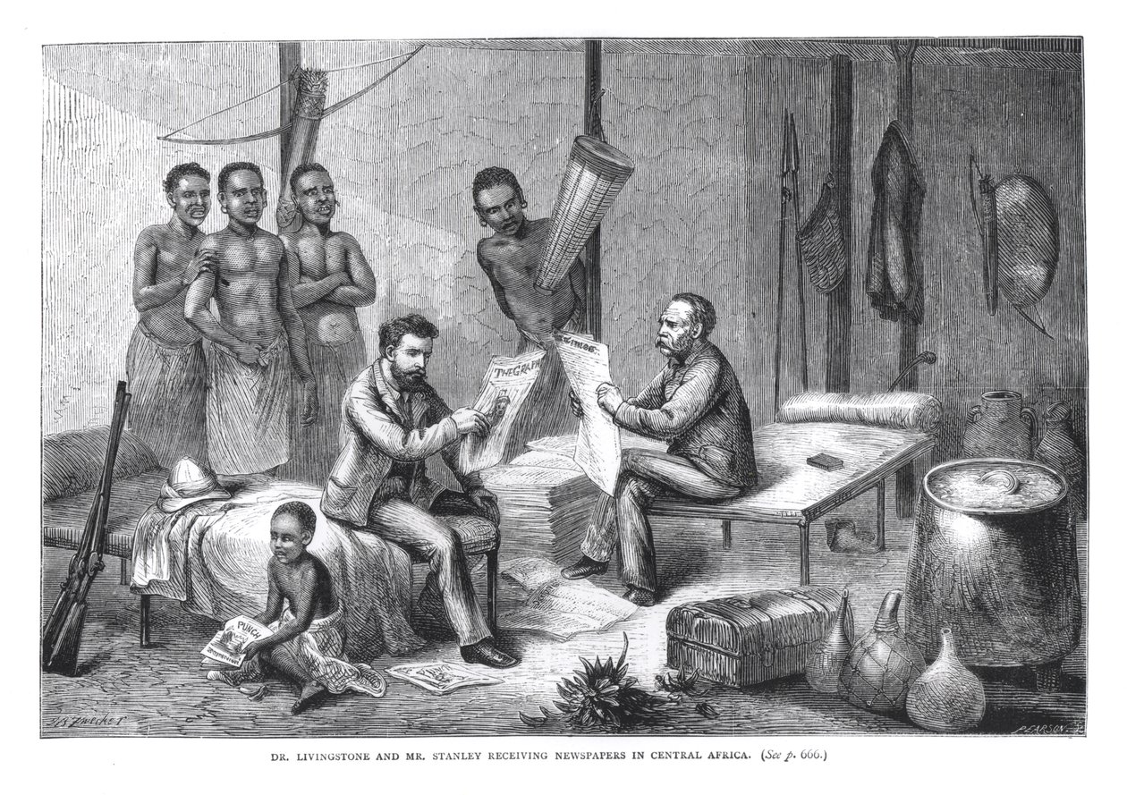 डॉ। डेविड लिविंगस्टोन (1813-73) और श्री हेनरी मॉर्टन स्टेनली (1841-1904) मध्य अफ्रीका में समाचार पत्र प्राप्त करना, पियर्सन द्वारा उत्कीर्ण द्वारा जोहान बैपटिस्ट ज़वीकर