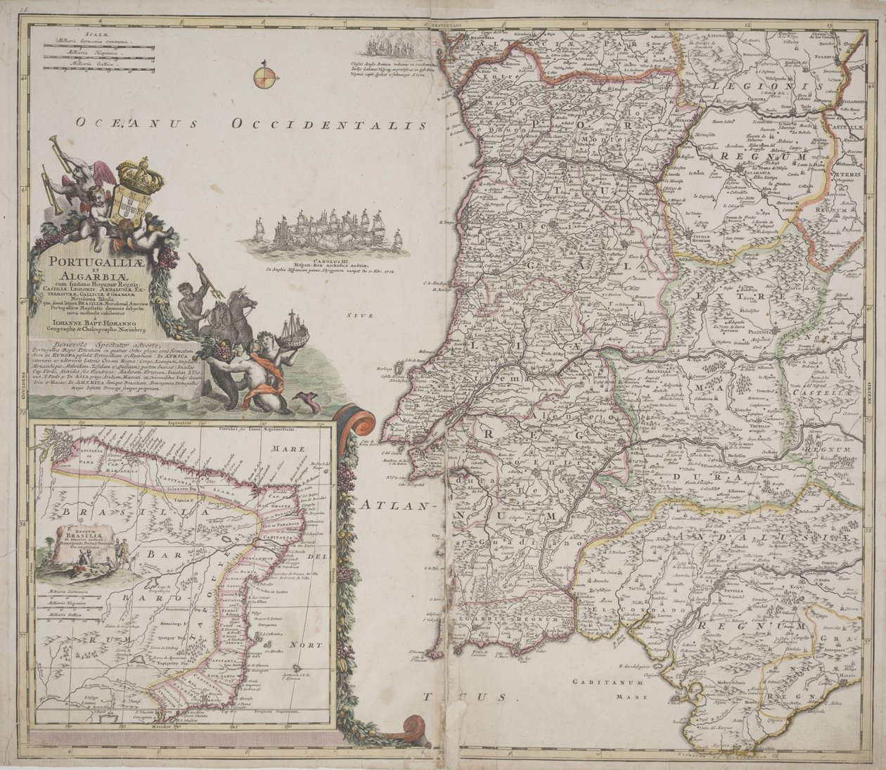 पुर्तगाल और अल्गार्वे (पुर्तगालिया एट अल्गारबिया), c.1704 (हाथ से रंगी हुई नक़्क़ाशी) द्वारा जोहान बैप्टिस्टा होमन