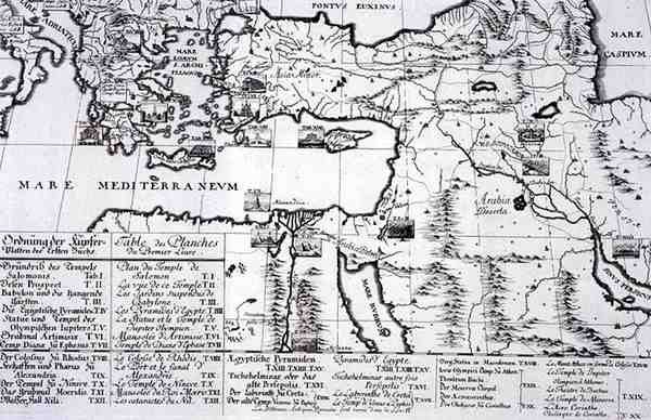 'ऐतिहासिक वास्तुकला के डिजाइन' की पहली पुस्तक में उद्धृत स्थानों का नक्शा द्वारा जोहान बर्नहार्ड (बाद) फिशर वॉन एरलाच