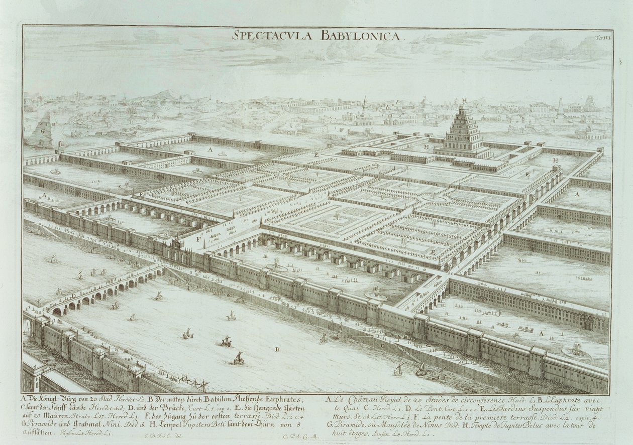 1721 के &39;डिजाइन ऑफ ए हिस्टोरिक आर्किटेक्चर&39; से रॉयल पैलेस और बेबीलोन के हैंगिंग गार्डन का मनोरम दृश्य द्वारा एर्लाच के जोहान बर्नहार्ड फिशर