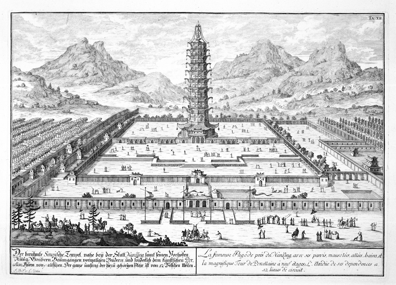 जोन्क एडम डेलसेनबक (1687-1765) 1721 द्वारा उकेरी गई &39;डिजाइन ऑफ़ ए हिस्टोरिक आर्किटेक्चर&39; की प्लेट 12, नानकिंग का पोर्सिलेन टॉवर द्वारा एर्लाच के जोहान बर्नहार्ड फिशर