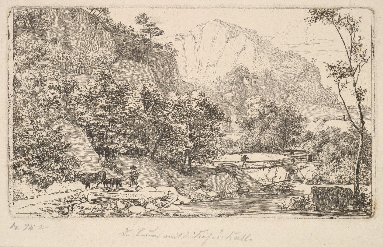 बर्कट्सगैडेन, 1818 के पास ऊंटबर्ग में गाय और बछड़े के साथ किसान। द्वारा जोहान क्रिश्चियन एरहार्ड