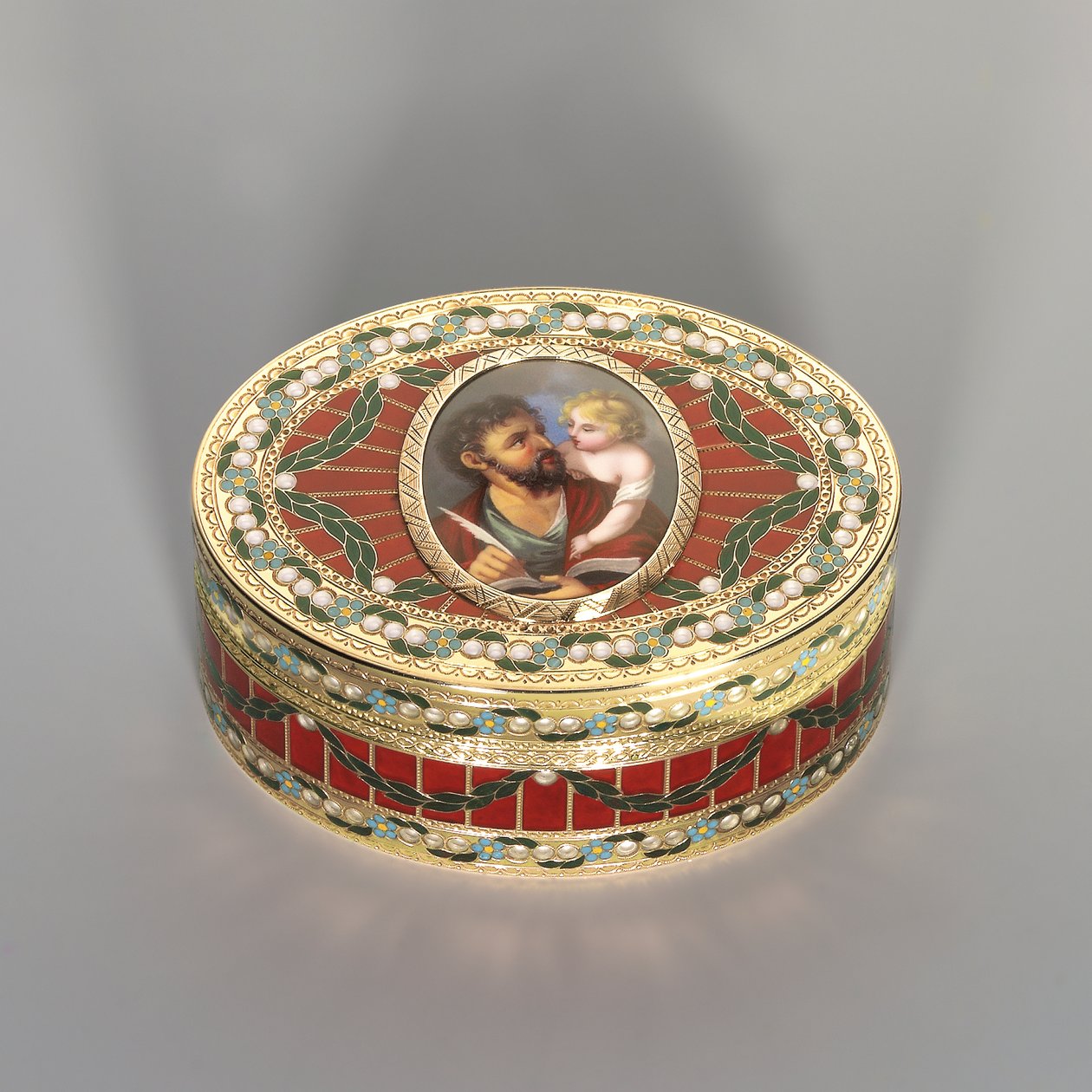 स्नफ़ बॉक्स, ड्रेसडेन, c.1775-80, मिनिएचर जिनेवा, c.1800 (सेक्सन हार्डस्टोन, सोना और मीनाकारी) द्वारा जोहान क्रिश्चियन न्युबर