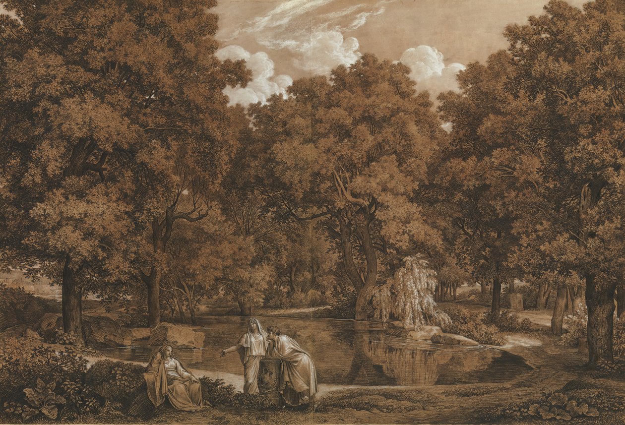 एक झील पर तीन आकृतियों वाला अर्काडियन लैंडस्केप, 1792। द्वारा जोहान क्रिश्चियन रेनहार्ट