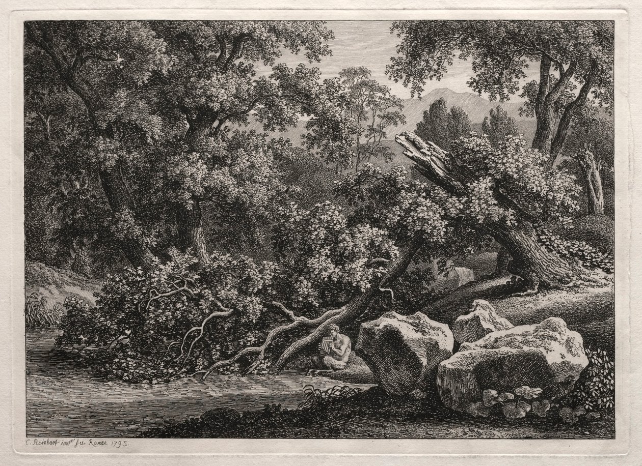 वीर लैंडस्केप: द सैटियर प्लेइंग द फ्लूट, 1795। द्वारा जोहान क्रिश्चियन रेनहार्ट