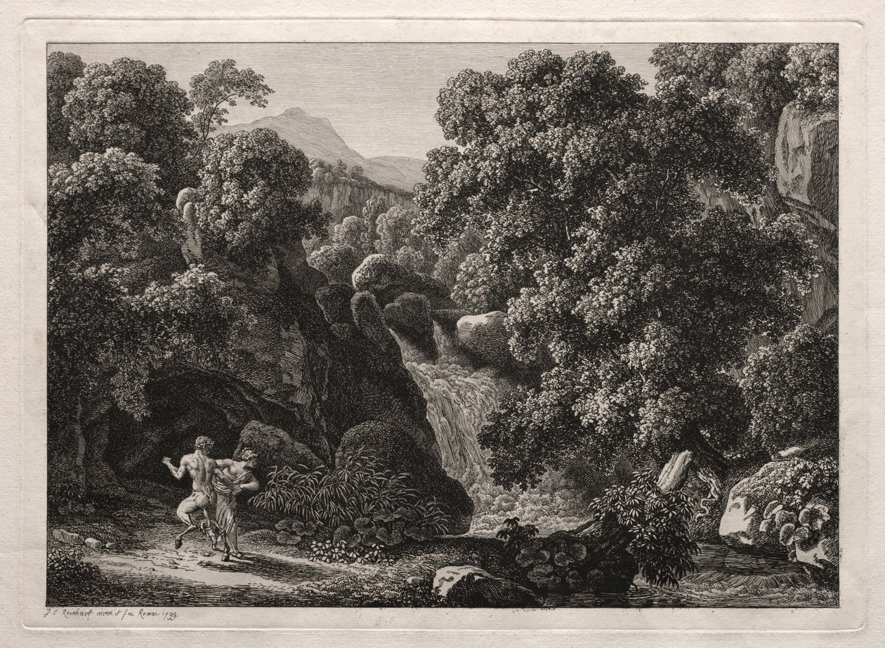 वीर लैंडस्केप: द सैटियर एंड द निम्फ, 1799। द्वारा जोहान क्रिश्चियन रेनहार्ट