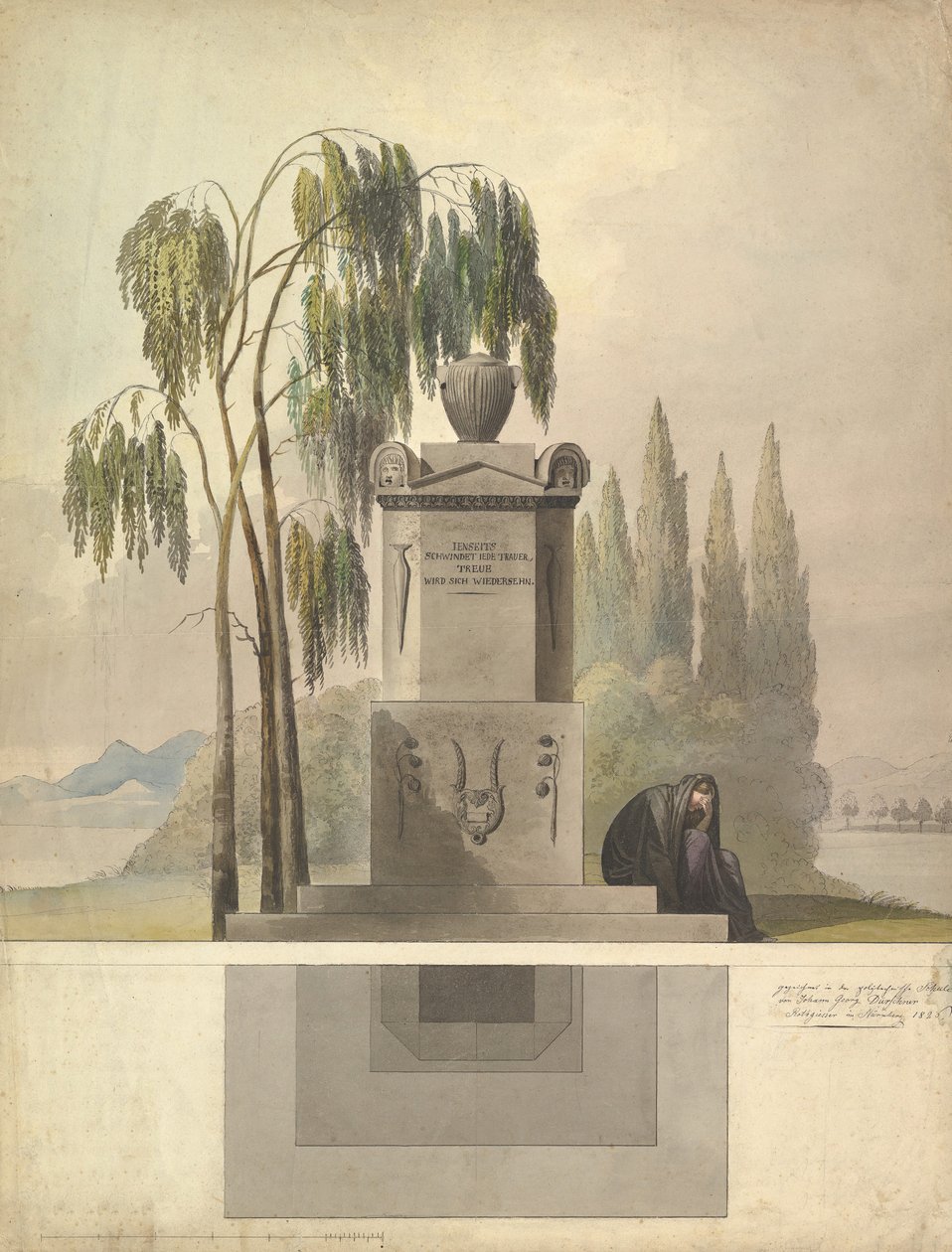 नूर्नबर्ग एलिवेशन एंड ग्राउंड प्लान, 1826 में एक मकबरे के लिए डिजाइन, रोथगेसर। द्वारा जोहान जॉर्ज डर्चनेर