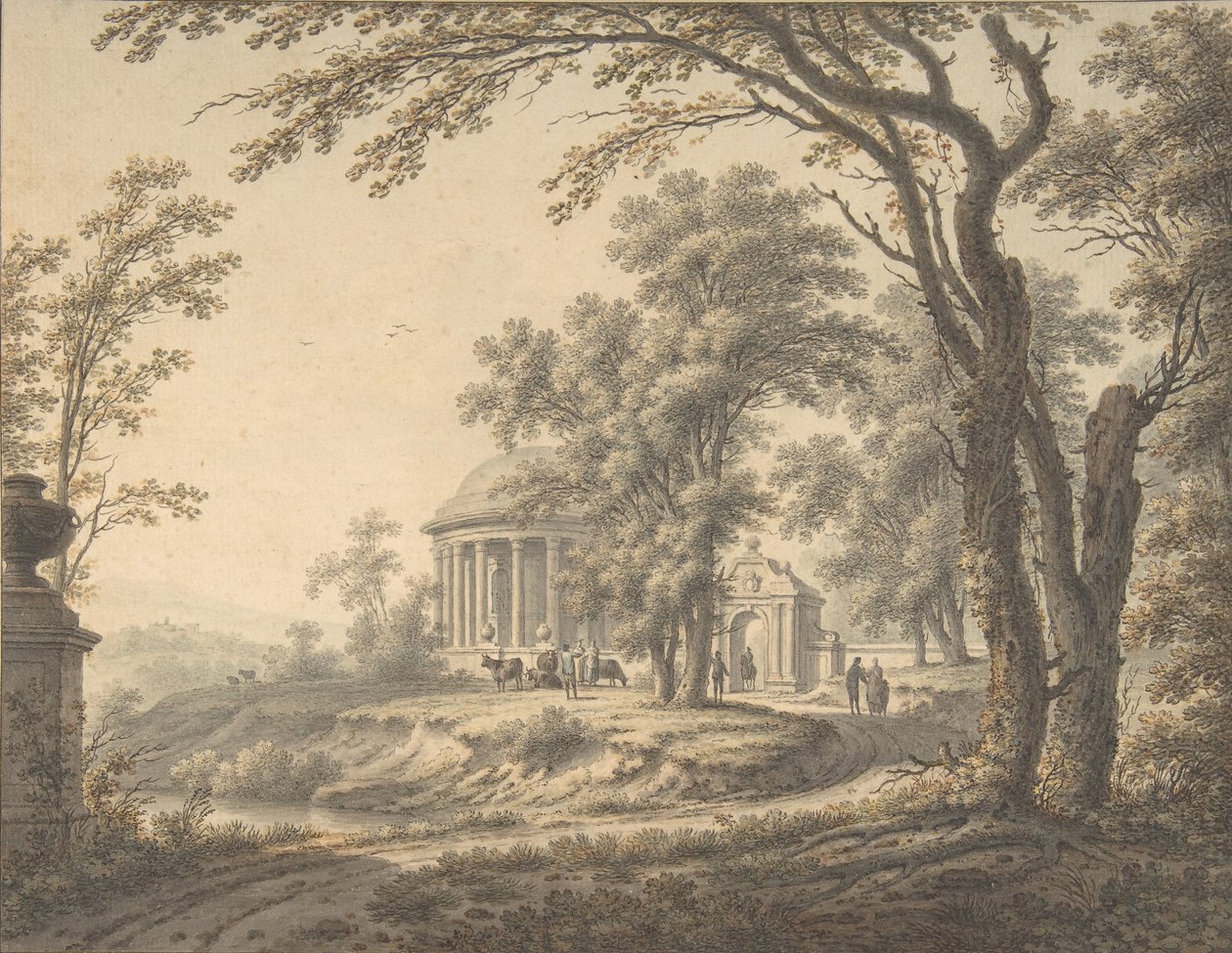 मंदिर के साथ रमणीय लैंडस्केप, 1770। द्वारा जोहान हेनरिक मुंट्ज़