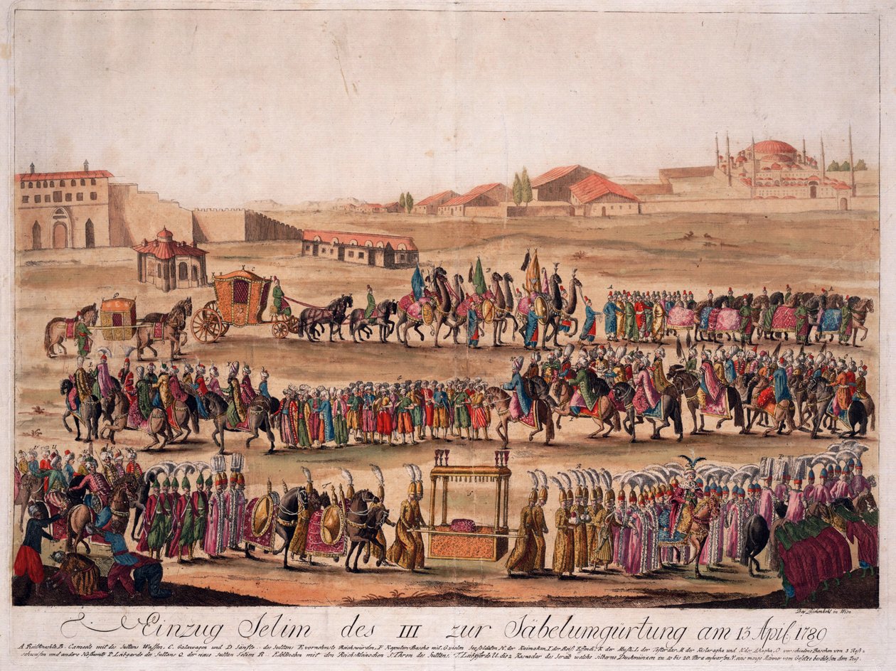 13 अप्रैल 1789 को गिरर्डिंग द सेबर में सुल्तान सेलिम III (1761-1808) का प्रवेश - लोशेंकोहल, जोहान हिरोनिमस (1753-1807) - 1789 - नक़्क़ाशी, जल रंग - 38,6x50,2 - निजी संग्रह द्वारा जोहान हिरोनिमस लोसेचनकोहल