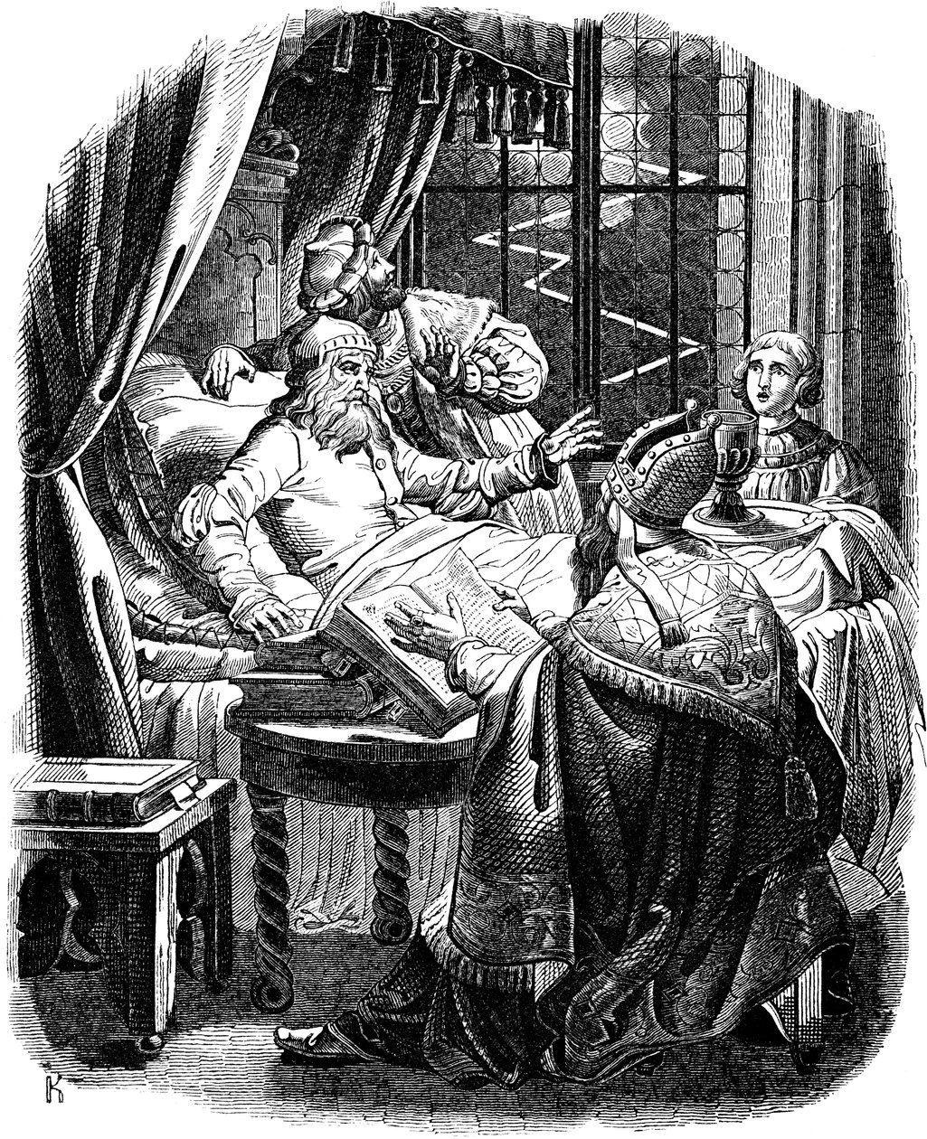 ई। डुलर, 1840 द्वारा जर्मन लोगों के इतिहास से ब्रंसविक चित्रण में अपनी मृत्यु से पहले हेनरी द लायन द्वारा जोहान जैकब किरचॉफ