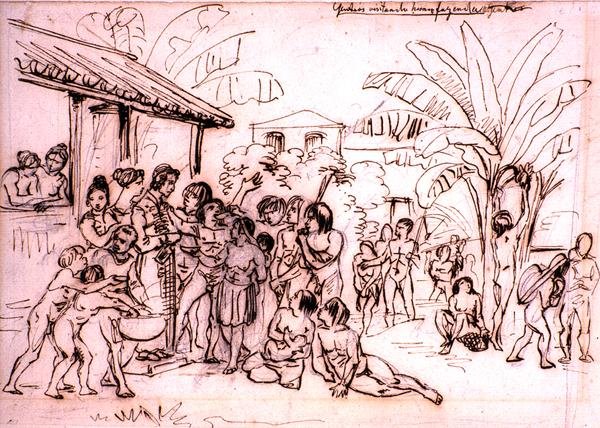 एक एस्टेट में जाने वाले भारतीय, ब्राज़ील, c.1825 (पेन्सिल के ऊपर कलम और भूरी स्याही) द्वारा जोहान मोरित्ज़ रुगेंडास