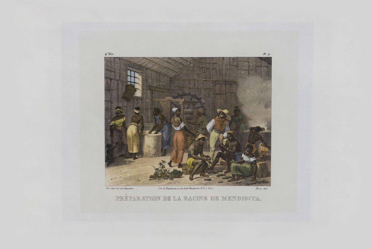 मंडियोका जड़ों की तैयारी। ब्राजील में पिक्चर्स जर्नी से, 1830-1835। द्वारा जोहान मोरित्ज़ रुगेंडास