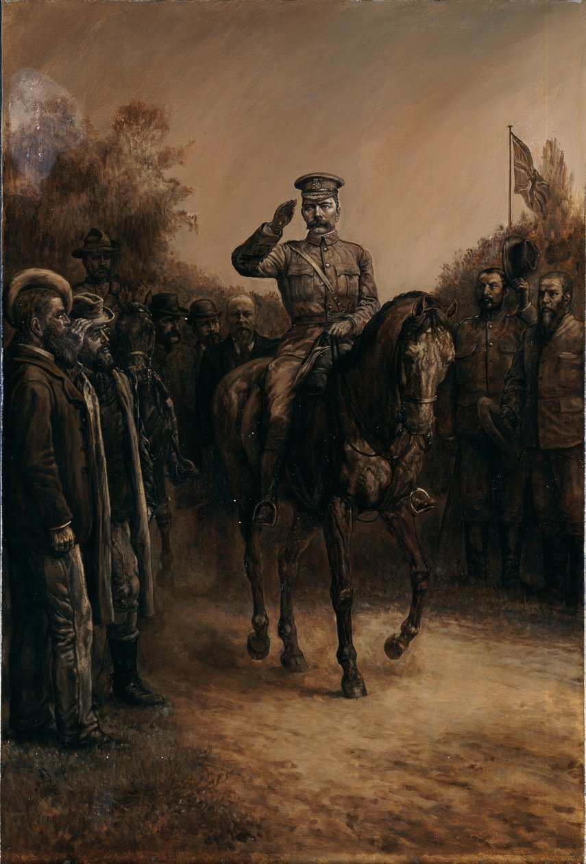 जनरल लॉर्ड किचनर ने सलामी देते हुए बोअर नेताओं की सवारी की, जो 1902 में अपनी टोपी खोले खड़े थे द्वारा जोहान नेपोमुक शोनबर्ग