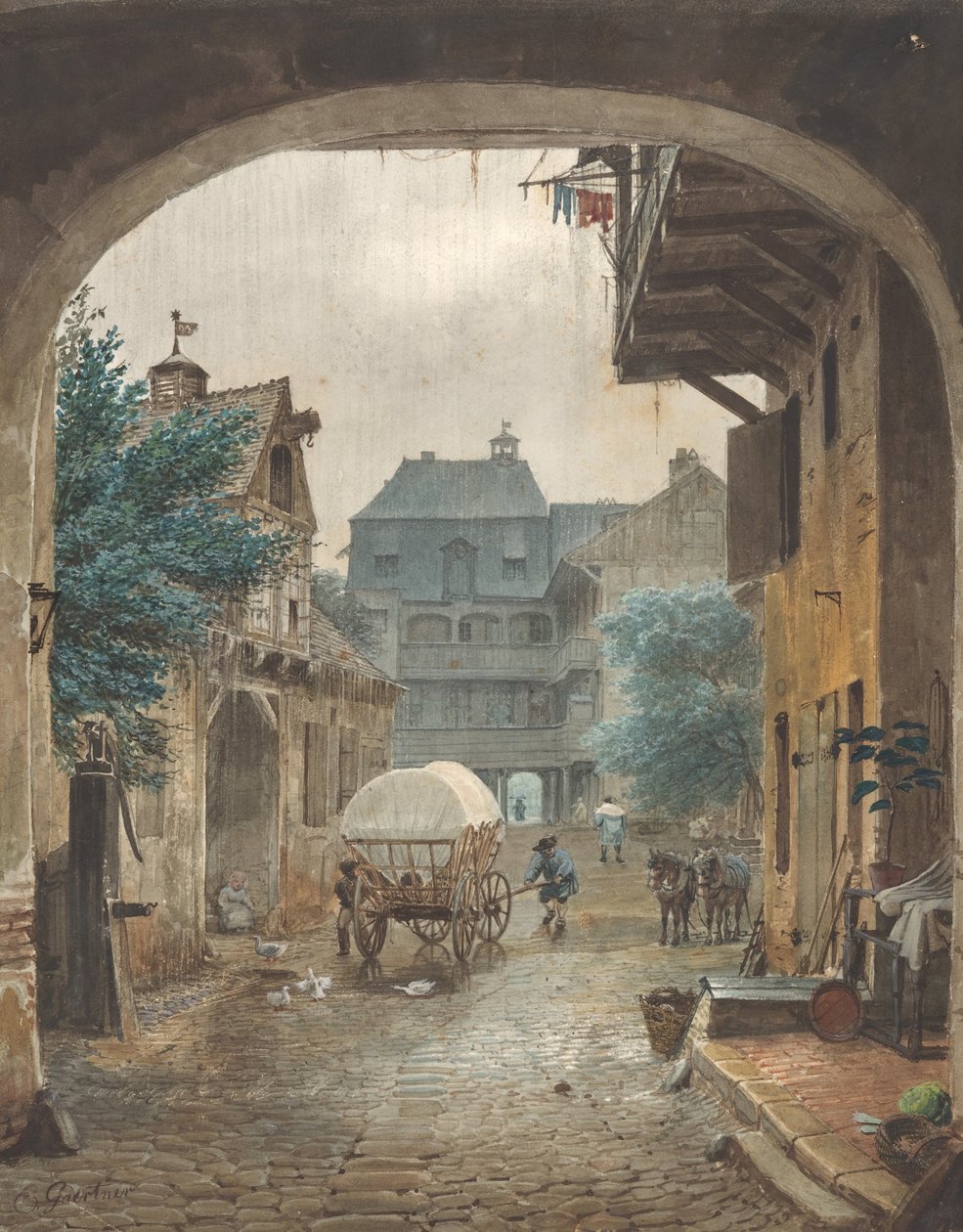 1821-77, कोलमार में एक सराय के आंगन में देखें। द्वारा जोहान फिलिप एडुअर्ड गार्टनर