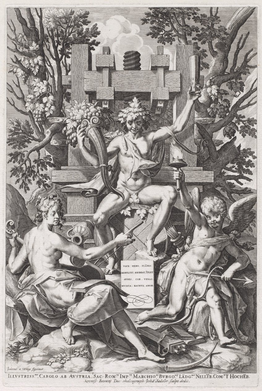 Amor और संगीत के बीच एक बैरल पर बैठा Bacchus, c. 1590. द्वारा जोहान सदेलर I