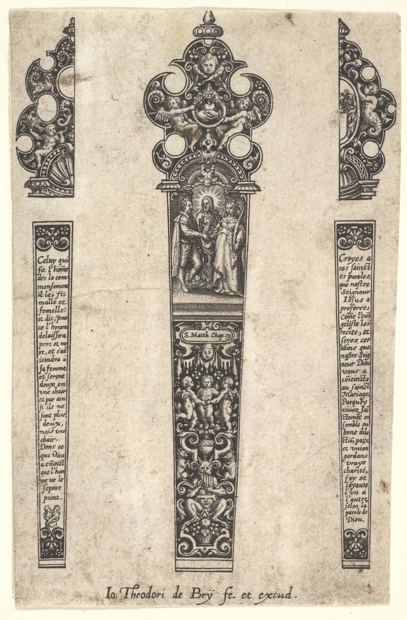 एक शादी के उपलक्ष्य में चाकू के हैंडल के लिए डिज़ाइन, सीए। 1580-1600। द्वारा जोहान थियोडोर डी ब्राय