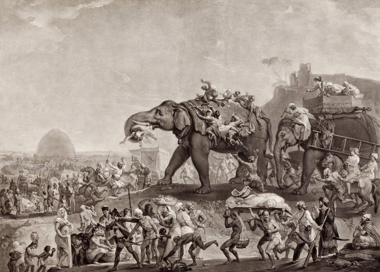 हैदरबेक से कलकत्ता तक दूतावास, औड के विज़ियर से, पटना के रास्ते, 1788 में, लॉर्ड कॉर्नवालिस से मिलने के लिए, पब .1800 (मेजोटिन्ट) द्वारा जोहान जोसेफ ज़ॉफ़नी