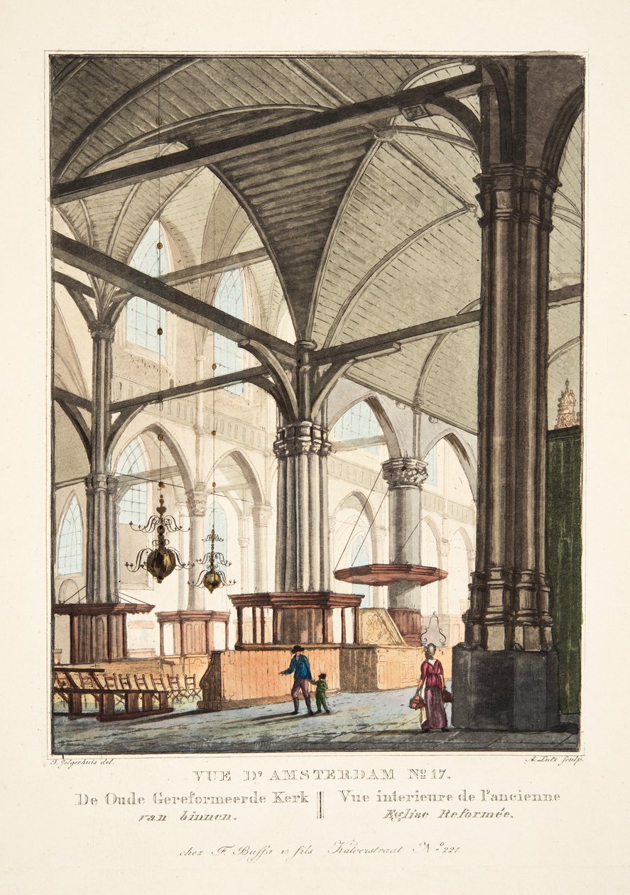 Vue डी&39;अमस्टर्ड नंबर 1। ओल्ड रिफॉर्मेड चर्च के अंदर। Vue interieur de l&39;ancienne Eglise Reformée, 1825 (हाथ से बने नक्काशी) द्वारा जोहान्स जेल्गेरहिस