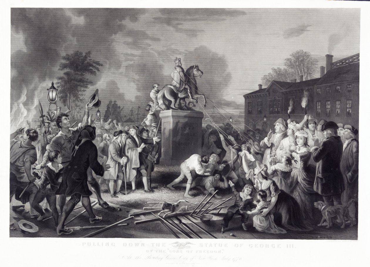 जुलाई 1776 के न्यू यॉर्क के बॉलिंग ग्रीन, सिटी ऑफ फ्रीडम के संस द्वारा जॉर्ज III की प्रतिमा को खींचना। 1875 द्वारा ओर्टेल के बाद जोहान्स एडम साइमन