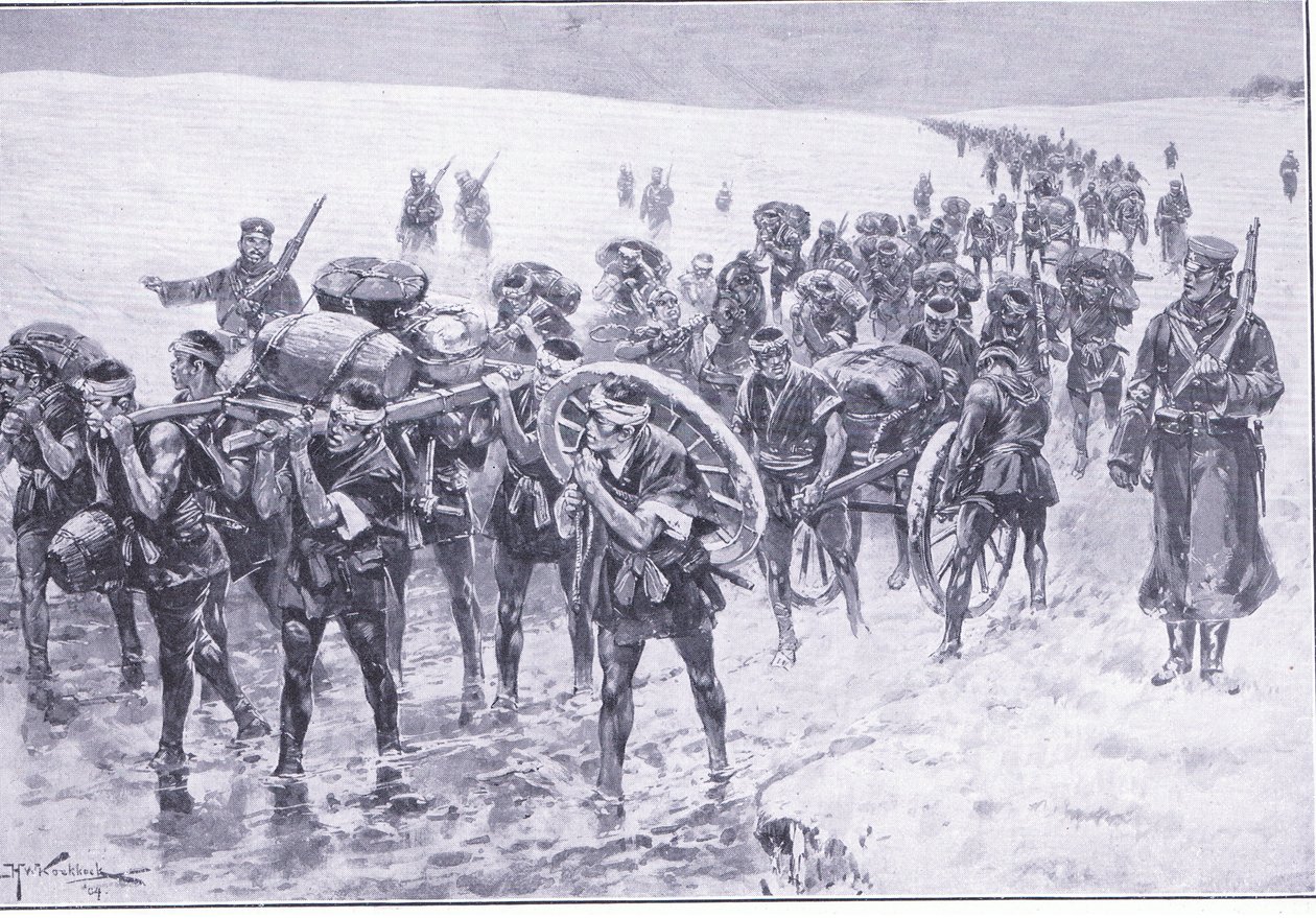 जापानी मार्च पर। पैक पोनीज़ के स्थान पर पुरुषों का चित्रण रसो-जापानी युद्ध खंड 1 का इतिहास, c.1900 द्वारा जोहान्स हरमन बारेंड कोएकोक