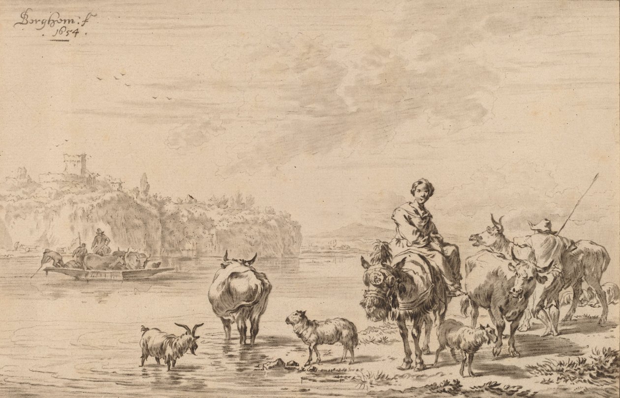 खच्चर पर बैठी महिला, 1769। द्वारा जोहान्स कोर्नलीन