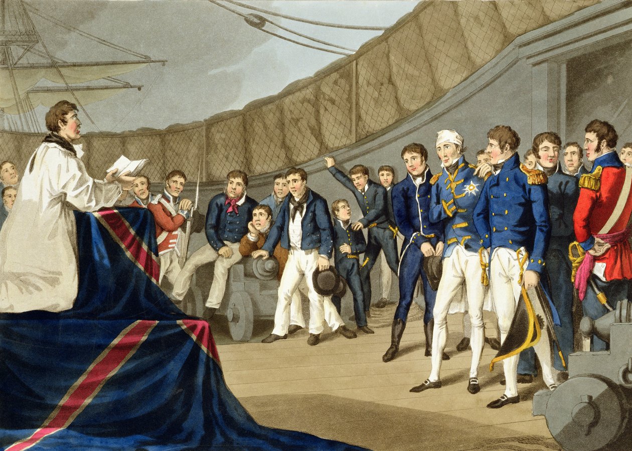 लॉर्ड नेल्सन के जहाज पर प्रार्थना में नाविक नील की लड़ाई के बाद, जॉन हीविसाइड क्लार्क (c.1771-1863) और मैथ्यू डबबर्ग (fl.1813-20) द्वारा उत्कीर्ण &39;ऐतिहासिक, सैन्य और नौसेना के उपाख्यानों से द्वारा जॉन ऑगस्टस एटकिंसन