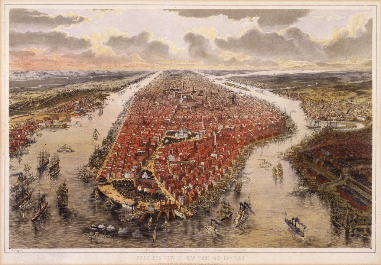 बर्ड्स आई व्यू ऑफ़ न्यू यॉर्क एंड एनवायरन, 1865 द्वारा जॉन बाचमन