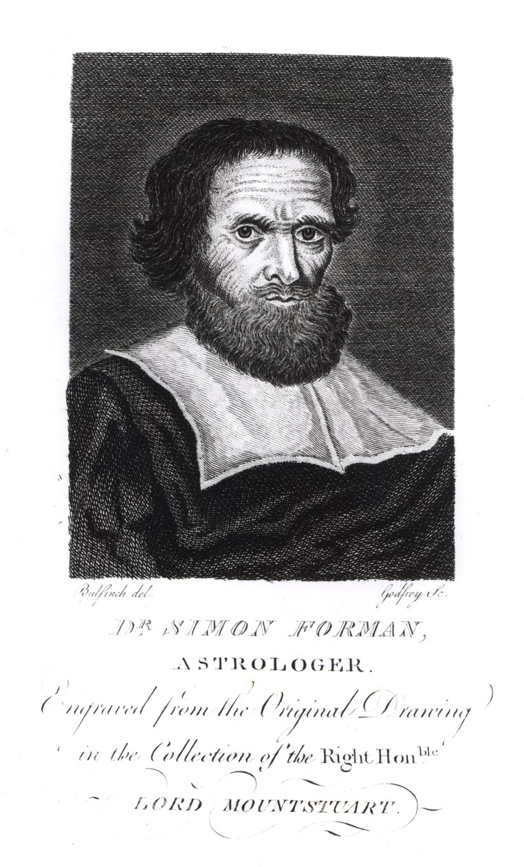 डॉ। साइमन फॉर्मैन (1552-1611) का चित्रण गॉडफ्रे द्वारा उत्कीर्ण (bw फोटो) द्वारा जॉन बुलफिंच