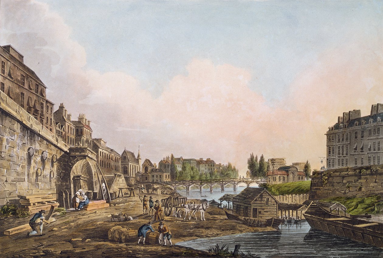 पोंट नोट्रे-डेम के एक आर्क के नीचे से सीन का दृश्य, 1805 (रंगीन एक्वाटिंट) द्वारा जॉन क्लाउड नटेस