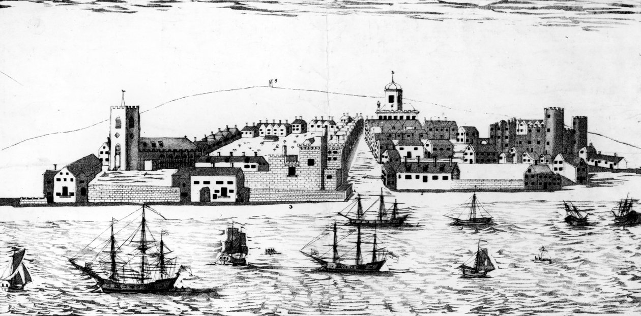 लीवरपूल के शहर का पश्चिम प्रॉस्पेक्ट, जैसा कि 1680 में जॉन आर। इसहाक द्वारा लिथोग्राफ के बारे में दिखाई दिया। द्वारा जॉन आइज़ जूनियर