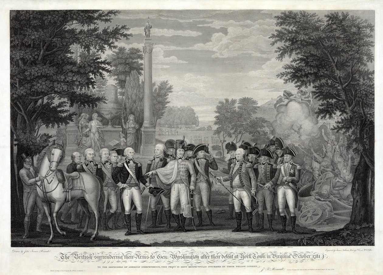अक्टूबर 1781 को वर्जीनिया में यॉर्क टाउन में हार के बाद जनरल वॉशिंगटन के सामने ब्रिटिश ने आत्मसमर्पण कर दिया। 1819 (बीडब्ल्यू उत्कीर्णन) द्वारा जॉन फ्रांसिस रेनॉल्ट