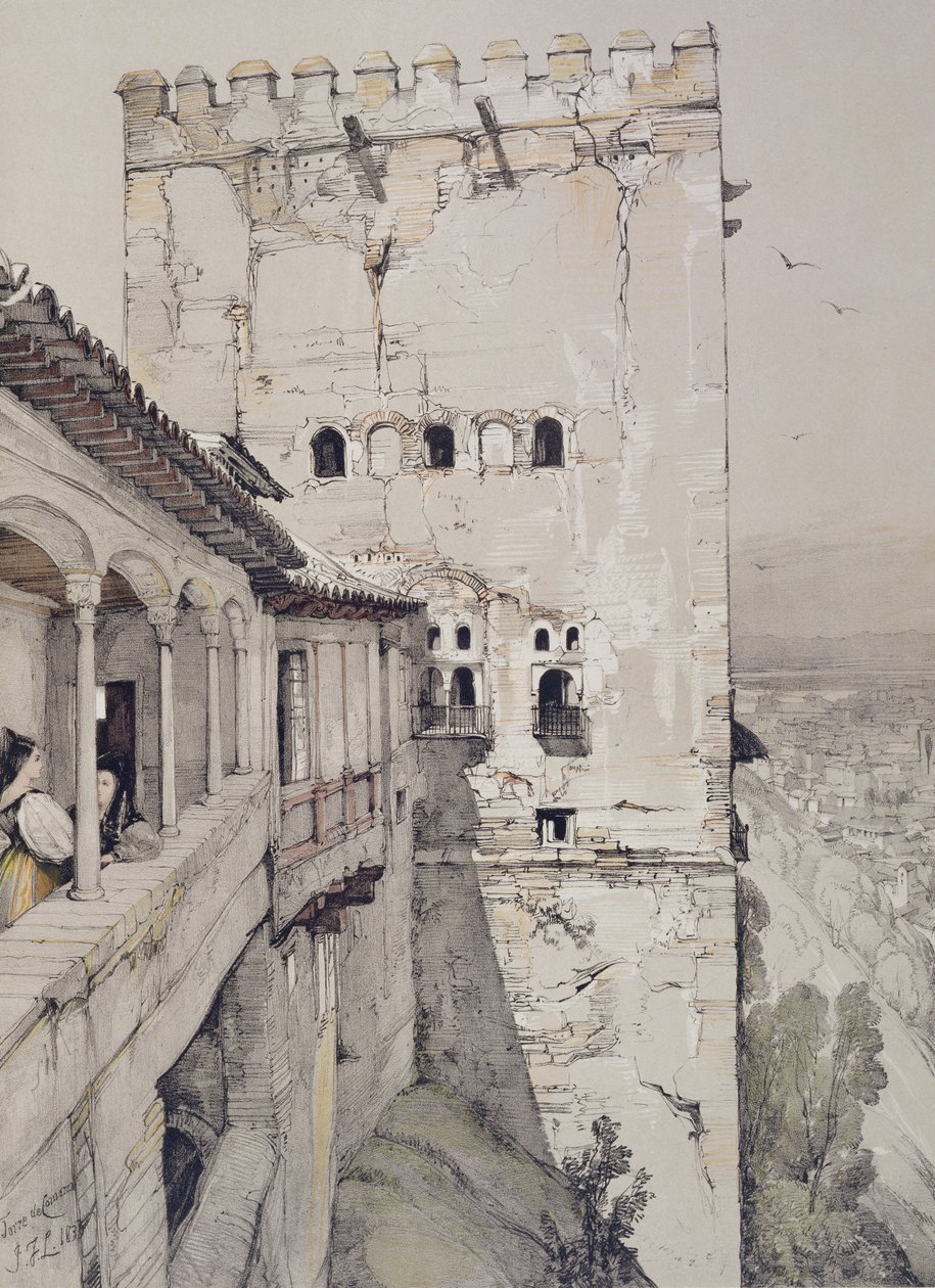 जेम्स डफिल्ड हार्डिंग (1798-1863), 1835 द्वारा उत्कीर्ण &39;स्केचेस एंड ड्रॉइंग ऑफ द अल्हैम्ब्रा&39; से टॉवर ऑफ कोमर्स (टॉरे डी कोमरेस) द्वारा जॉन फ्रेडरिक लुईस